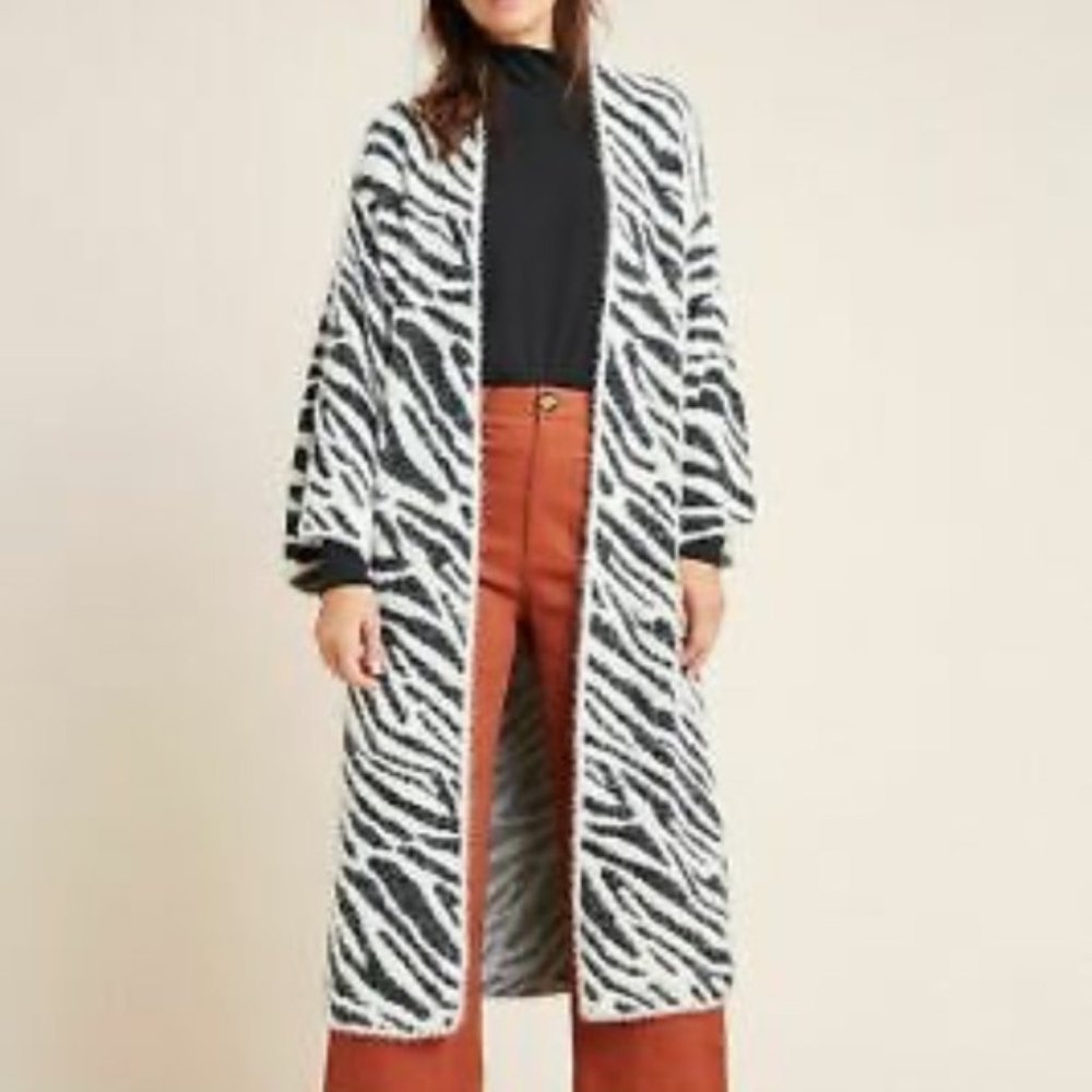 Anthropologie zebra print black white eyelash duster jacket sweater cardigan